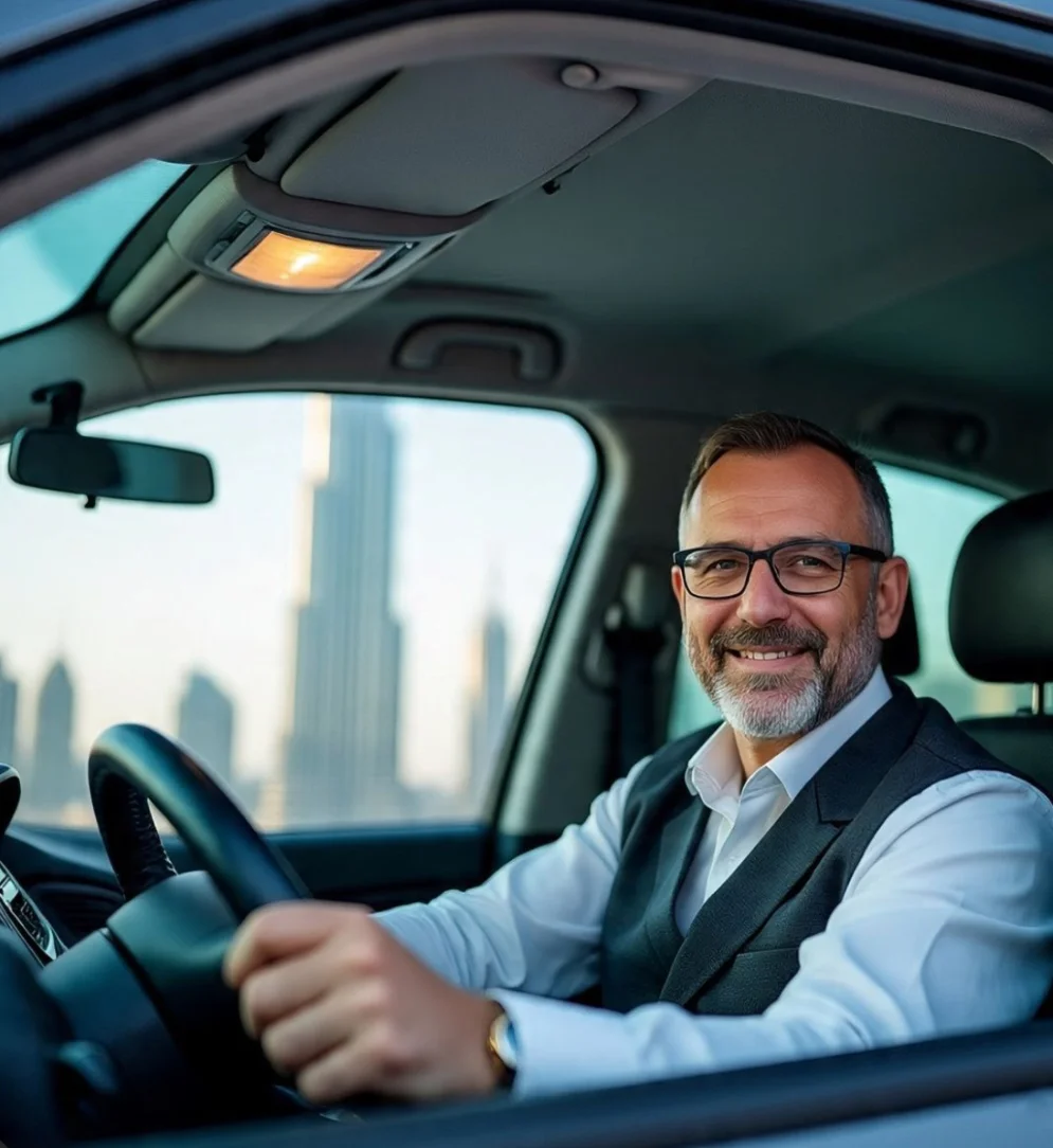 Professional driver beside a black sedan